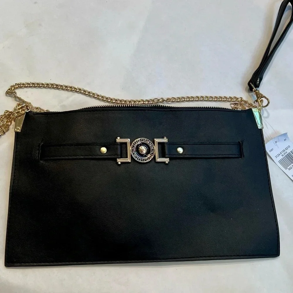 NWT Black Vegan Faux Leather Elegant Classic Zipper Shoulder Clutch Bag Purse